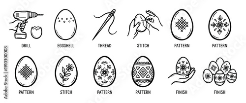 Set of hand-drawn icons showing the step-by-step process of eggshell embroidery, a creative DIY craft for Easter decoration using a drill, needle, and thread for folk art patterns