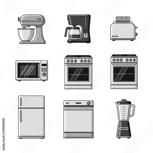 Set of essential kitchen appliances in flat outline style