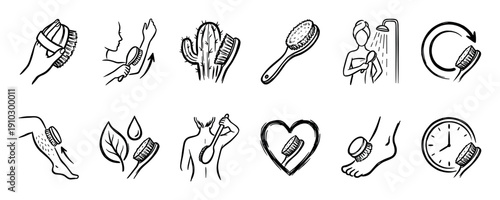 Dry brushing body brush icon set hand-drawn in a simple sketch style shows a skincare routine for exfoliation, lymphatic drainage, and wellness with various techniques