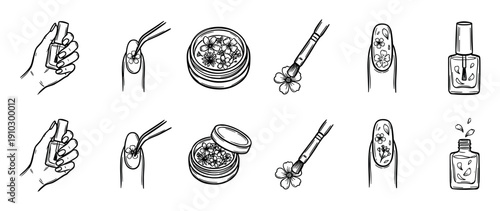 Set of hand-drawn black and white nail art icons depicting a floral manicure process with polish, tweezers, dried flowers, and brushes in a simple doodle style