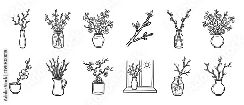 Hand-drawn spring branches and flowers in vases collection, a set of black and white doodle illustrations showing pussy willow, sakura, and budding twigs for seasonal decoration
