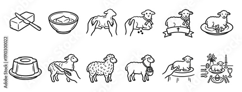 Set of hand-drawn Easter lamb icons depicting traditional holiday symbols for Christian celebration, including butter lamb, cake, sheep, and festive dinner table elements in a minimalist art style
