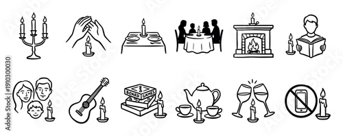 Set of hand-drawn black line art icons illustrating cozy home activities and a digital detox lifestyle with candlelight, family dinner, reading, and board games