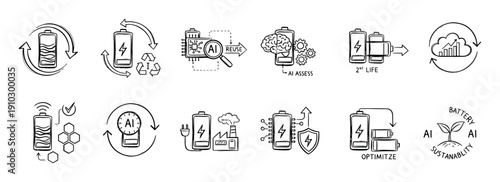 Hand-drawn doodle icon set illustrating battery recycling, reuse, and AI-powered sustainability, with sketches depicting the lifecycle, second life, optimization, and green energy management