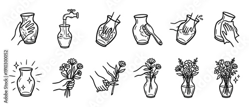 Hand drawn icon set showing flower arrangement and vase care instructions in a simple black and white line art doodle style for a tutorial or guide