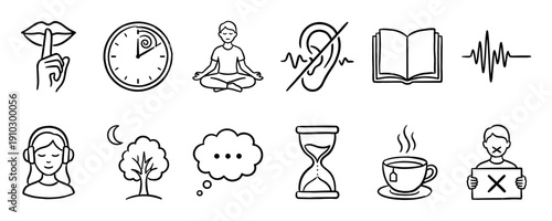 Set of hand-drawn black line icons representing silence, quiet, and mindfulness with symbols like a shush gesture, meditating person, clock, and crossed-out ear for peace