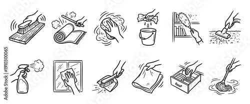 Collection of twelve cleaning icons showing domestic chores and housekeeping tasks in a hand-drawn doodle style, including vacuuming, dusting, mopping, and washing a window