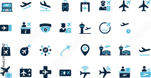 Airport icon set, aviation symbols, air travel tools, flight operations, passenger services, security check, boarding pass, airport terminal, travel safety, airline graphic