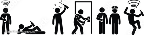 Alcohol effect icon, drinking stages, intoxication behavior, social consequence, stick figure, bottle symbol, risky action, public impact, awareness graphic, addiction concept
