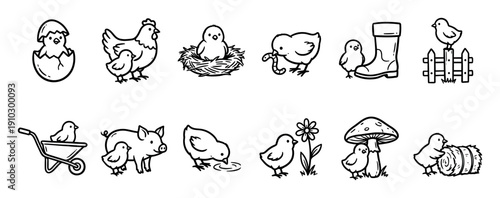 Collection of cute hand-drawn farm animal icons featuring chicks, a hen, and a pig in various spring scenes like hatching, nesting, and playing in a charming doodle style