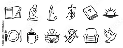 Hand drawn Christian doodle icon set collection showing prayer, bible, cross, and faith symbols for spiritual reflection and quiet time, illustrated in a simple black and white line art style