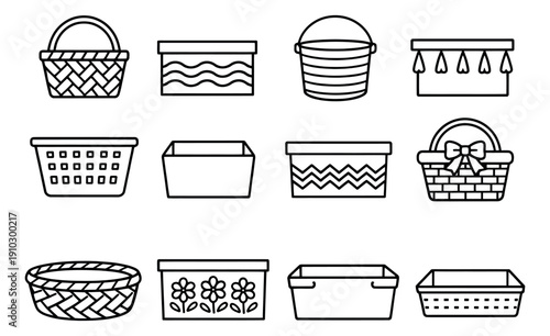 Line art containers set featuring various baskets, boxes, and buckets for household organization