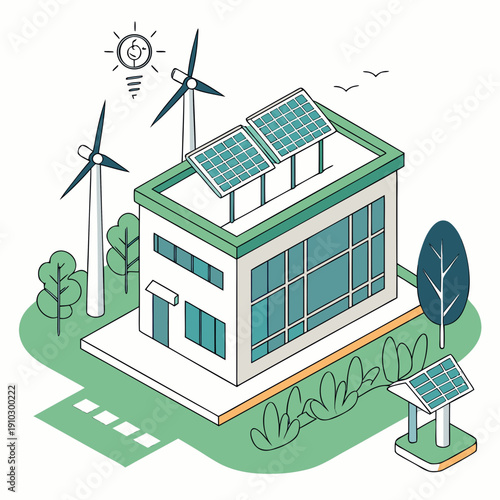 Eco-friendly data center powered by renewable energy, featuring solar panels and wind turbines alongside modern, clean infrastructure.