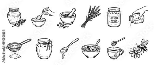 Hand-drawn black and white illustration set of honey, herbs, lavender, and natural food ingredients in a vintage sketch style for healthy living concepts