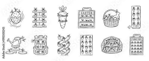 Set of hand-drawn gardening icons showing vertical farming, seedlings, planters, and holiday elements in a black and white doodle style illustration collection for eco concepts