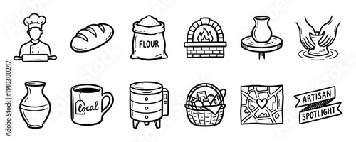 Hand-drawn icon set of artisan crafts and local business symbols including a baker, bread, pottery, brick oven, and market basket in a simple black and white doodle style