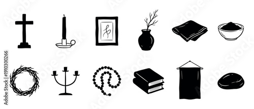 Collection of hand-drawn religious Christian icons including a cross, candle, wreath, and rosary beads in a minimalist black and white doodle style for spiritual concepts