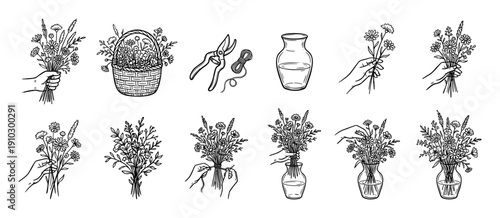 Set of hand-drawn black line icons showing the step-by-step process of creating a wildflower bouquet, from picking flowers to arranging them in a clear glass vase