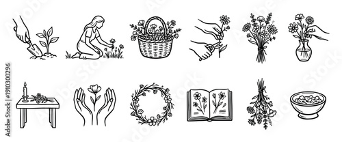 Set of twelve hand-drawn icons depicting gardening, floristry, and herbalism activities in a rustic cottagecore style, including planting, arranging, and drying flowers