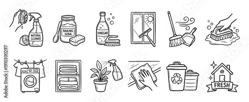Hand-drawn cleaning and housekeeping icons set featuring natural cleaners like lemon and vinegar, laundry, and recycling symbols in a simple black and white doodle line art style