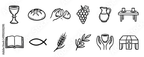 Collection of hand-drawn Christian icons representing holy communion with bread, wine, fish, a bible, and a cross in a simple black and white line art doodle style