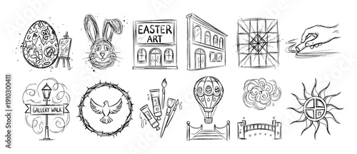 Collection of various hand-drawn ink sketch icons with Easter and art themes, including a bunny, painted egg, gallery, dove in thorns, and other creative symbolic doodles
