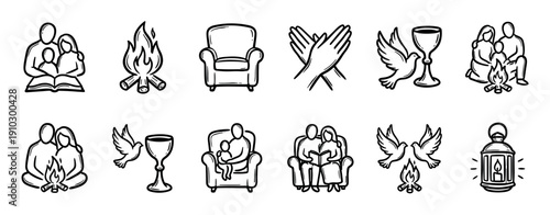 Collection of hand-drawn black line icons depicting family, home life, and Christian spiritual symbols like a dove, chalice, and campfire for togetherness and worship