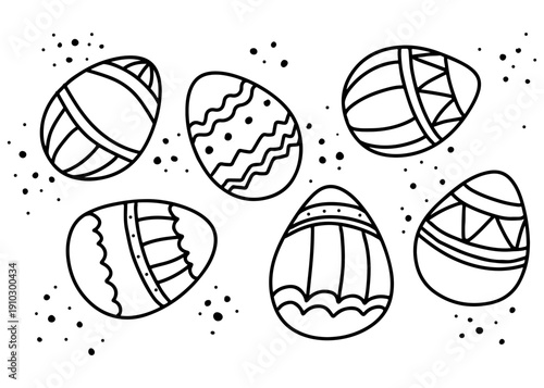 Six black and white outline Easter eggs with various decorative patterns, perfect for coloring or holiday designs.