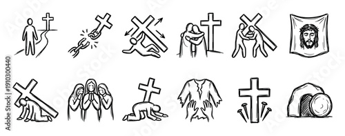 Set of hand-drawn Christian icons depicting the Stations of the Cross, illustrating the passion, crucifixion, and resurrection of Jesus in a simple black line art doodle style