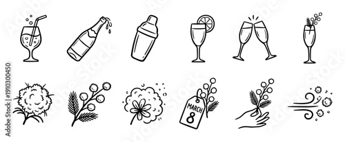 Set of hand-drawn black outline icons for a festive celebration, featuring doodle-style champagne glasses, cocktails, a shaker, and mimosa flowers for a women's holiday event