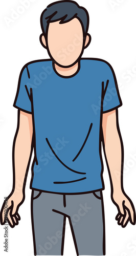 Man in blue tshirt shrugging shoulders with uncertainty.