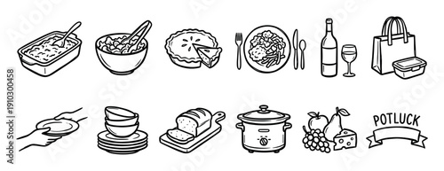 Hand-drawn potluck dinner food and drink icons featuring a casserole, pie, salad, wine, and slow cooker in a simple black and white doodle style illustration set