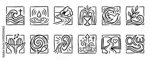 Set of twelve hand-drawn Christian icons representing biblical themes like baptism, faith, the Holy Spirit, worship, and salvation in a minimalist black line art style
