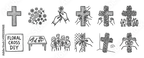 Hand-drawn doodle icon set illustrating a DIY floral cross project with step-by-step instructions showing people arranging flowers together for a community or church event