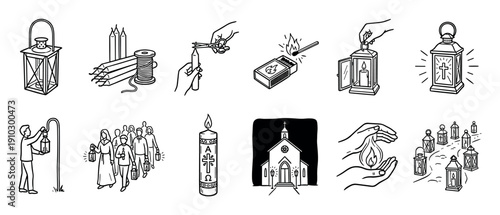 Collection of Christian doodle icons illustrating a festival of light with a lantern procession, Paschal candle, church, and spiritual symbols in a simple black and white line art style