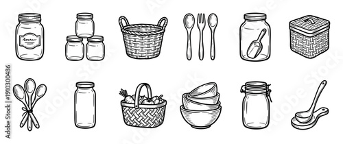 Set of black and white kitchen utensil illustrations featuring glass canning jars, wicker baskets, bowls, and spoons in a rustic, hand-drawn sketch style for zero-waste living