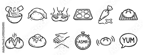 Hand-drawn black and white baking icons set showing the process of making bread from kneading dough to a fresh hot loaf with melting butter in a simple doodle sketch style illustration