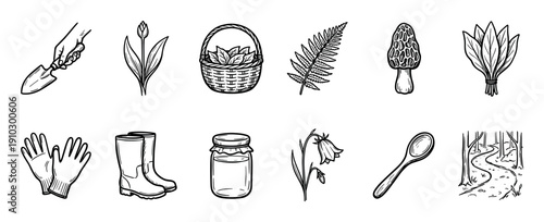 Set of hand-drawn black line icons for gardening and foraging, featuring a trowel, basket, mushroom, boots, jar, and flowers in a rustic cottagecore doodle style collection