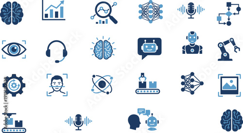 Artificial intelligence icons, machine learning symbols, robotics illustrations, neural network graphics, data analysis visuals, chatbot, automation, smart technology, scientific research, futuristic 