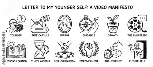 Hand-drawn storyboard icon set illustrating the concept of a letter to one's younger self, showing personal growth, wisdom, and the journey of life through simple sketch symbols