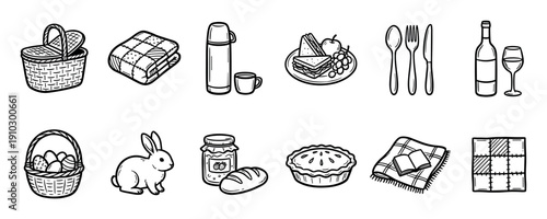 Collection of hand-drawn picnic icons featuring a basket, food, blanket, wine, pie, and an Easter bunny in a simple black and white doodle sketch style for outdoor recreation themes