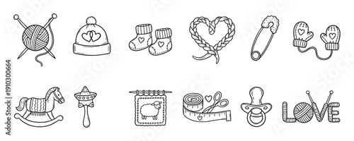 Set of hand-drawn black and white icons featuring knitting and baby items in a cute doodle style, including yarn, a hat, booties, a pacifier, a rocking horse, and love symbols