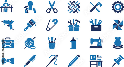 Arts and crafts icon set, DIY tools, creative symbols, handmade design, crafting equipment, sewing graphic, painting concept, hobby elements, workshop supplies