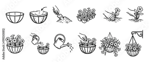 Hand-drawn step-by-step instructions for planting flowers in a hanging basket, a visual guide showing the process of adding soil, seedlings, watering, and fertilizing