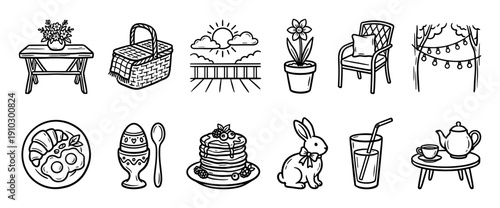 Set of hand-drawn spring and Easter icons featuring a picnic basket, bunny, breakfast food, and garden furniture in a black and white doodle style illustration