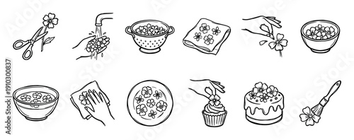 Hand drawn icon set showing edible flowers preparation for cooking and baking, with steps like washing, drying, and decorating a cake and cupcake in a simple line art doodle style