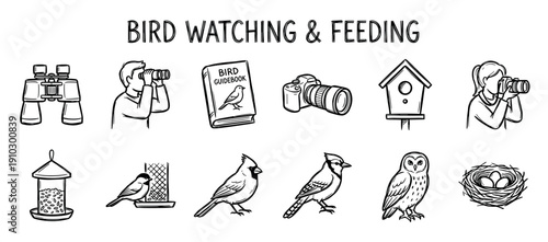 Set of hand drawn bird watching icons featuring binoculars, a camera, a guidebook, a feeder, a nest, and various bird species in a simple black and white doodle style