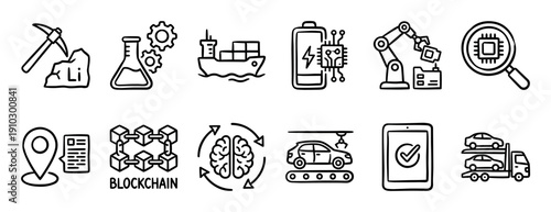 Hand-drawn line icon set illustrating the electric vehicle battery supply chain, from lithium mining and logistics to robotic assembly, blockchain tracking, and final car delivery