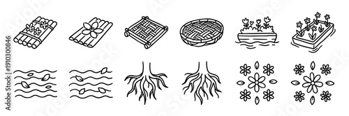 Set of hand-drawn black line icons featuring natural elements like bamboo rafts, woven baskets, floating planters, tree roots, and floral patterns in a simple doodle illustration style
