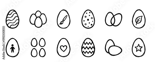 Hand drawn Easter egg icon set with various decorative patterns and symbols for holiday celebration, a collection of simple black and white line art illustrations in a doodle style